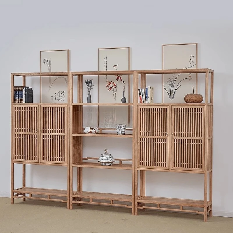 FG New Chinese Bookcase Old Elm Bookcase Log Solid Wood Tea Rack Floor Bogu Rack Living Room Tea Room