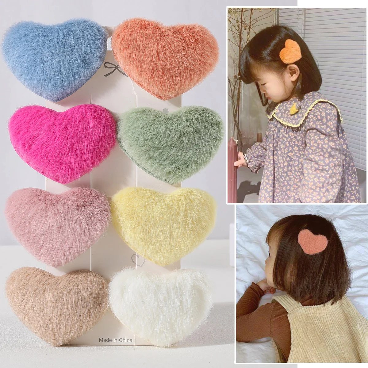 8Pcs Girls Plush Hair Clips Side Clips Girls Colorful Clips Plush Love Heart Shaped Bangs Hairpins Kids Hair Accessories