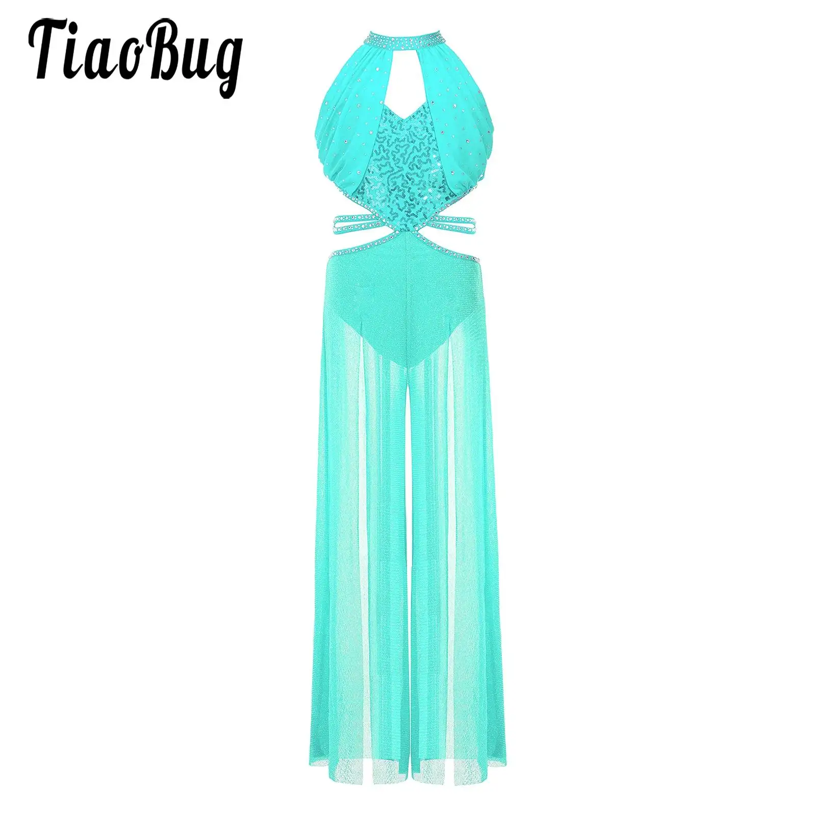 

Kids Girls Shimmery Mesh Lyrical Dance Jumpsuits Ballet Modern Jazz Performance Costume Sleeveless Sequin Split Bodice Leotards
