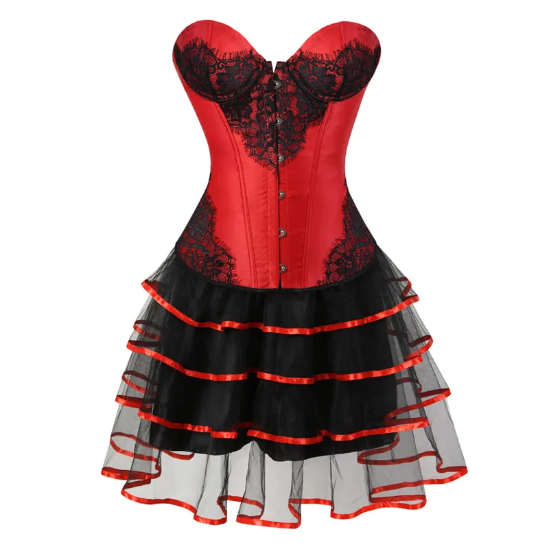 

Corsets Dress Bustiers With Skirt Set Witch Halloween Sexy Corset Gothic Corselet Lingrie Women Burlesque Vintage Costume Red