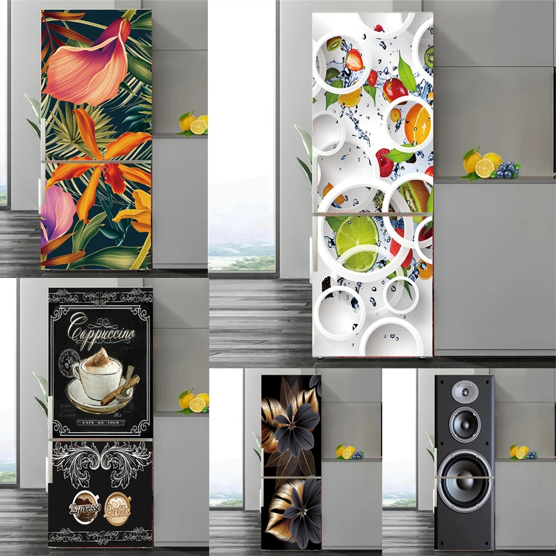 

Customizable Size Refrigerator Sticker Colorful Fruit Poster Wall Sticker 3D Mural PVC Waterproof Kitchen Refrigerator Sticker