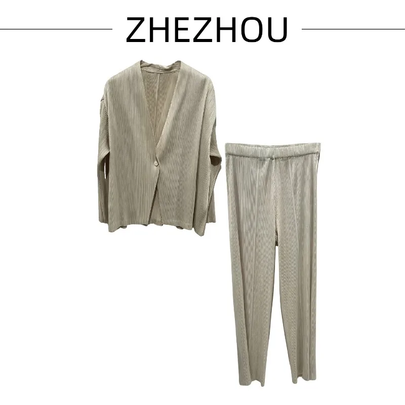 Miyake Pleated Pants Set Women 2026 Autumn V-Neck Long Sleeve Pleated Cardigan High Waist Wide Leg Straight Pants Casual 2-Piece