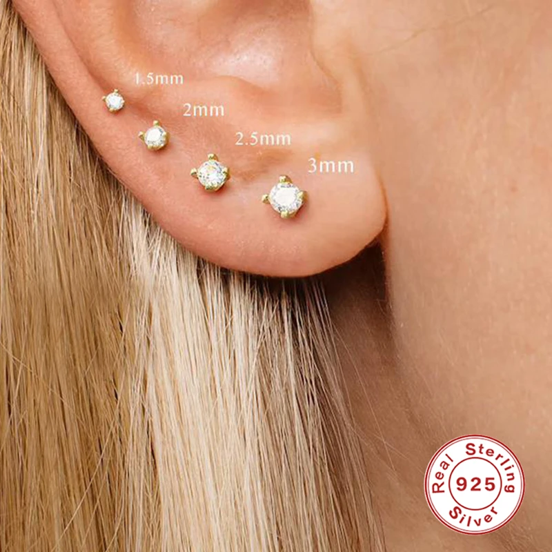 AIDE 2/3/5MM S925 Silver Labret Lip Cartilage Tragus Zircon Stud Earring Woman Piercing Earring Brinco Femme Jewelry Gift 1pcs