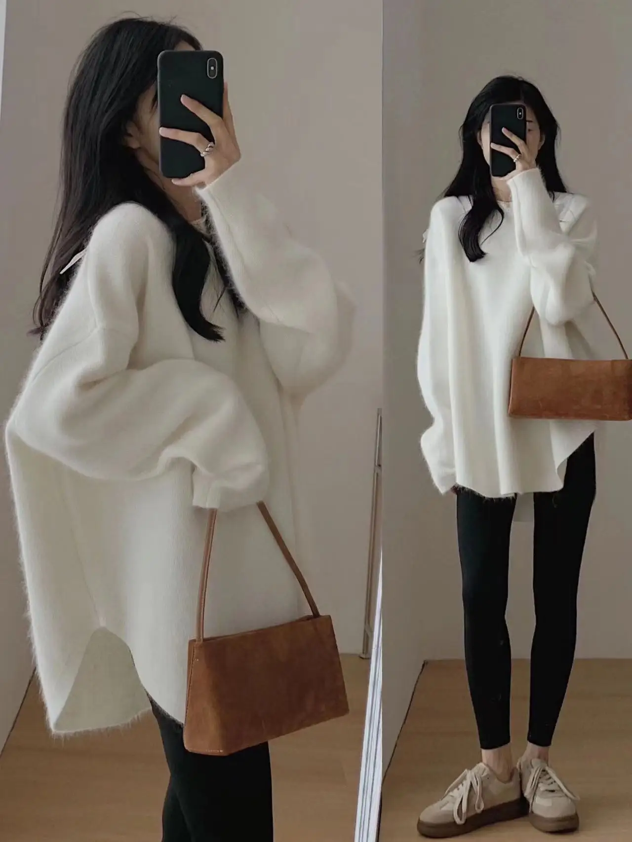 100% Merino Wool Sweater Autumn Winter New Cashmere Sweater Women\'s Round Neck Jumper Tops Casual Loose Oversized Knit Jacket