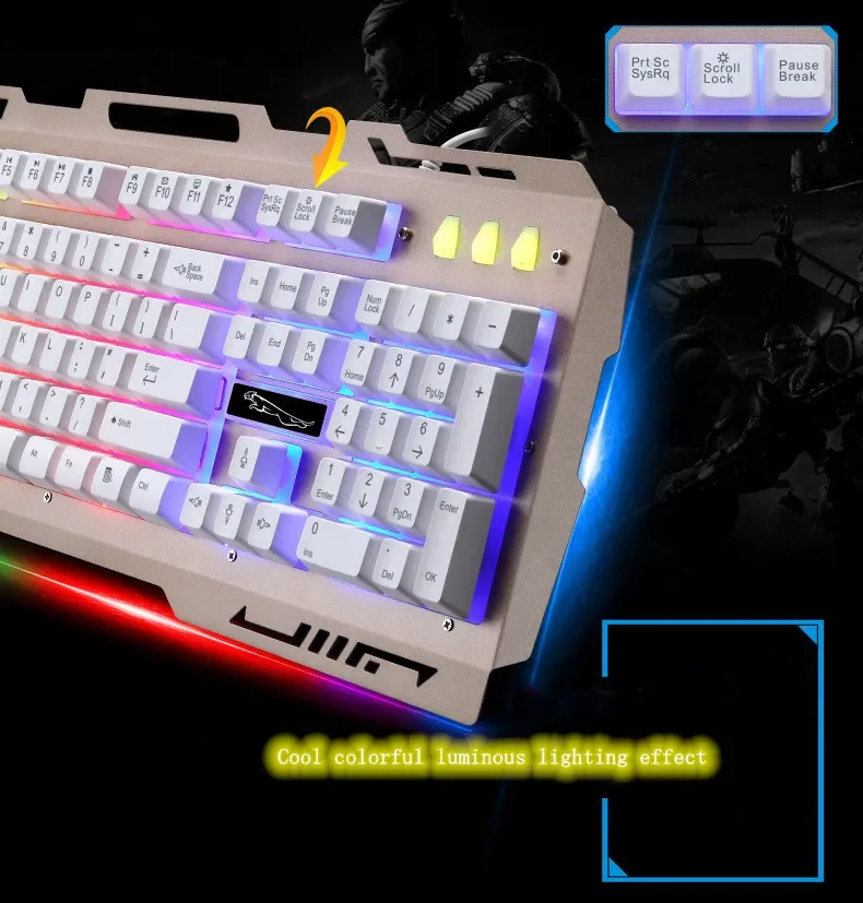 لوحة مفاتيح USB G700 مقاومة للماء، شخصية عمل ميكانيكية، ملمس معدني متوهج، حامل هاتف محمول، لوحة مفاتيح الألعاب