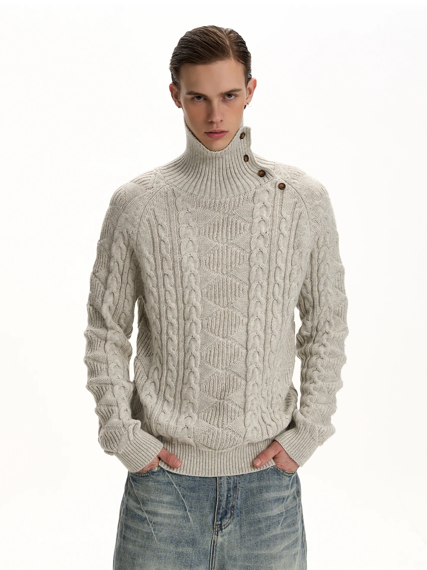 

Теплый мягкий свитер с высоким воротником и узором косы, осенне-зимний универсальный базовый слой, повседневный трикотаж на пуговицах