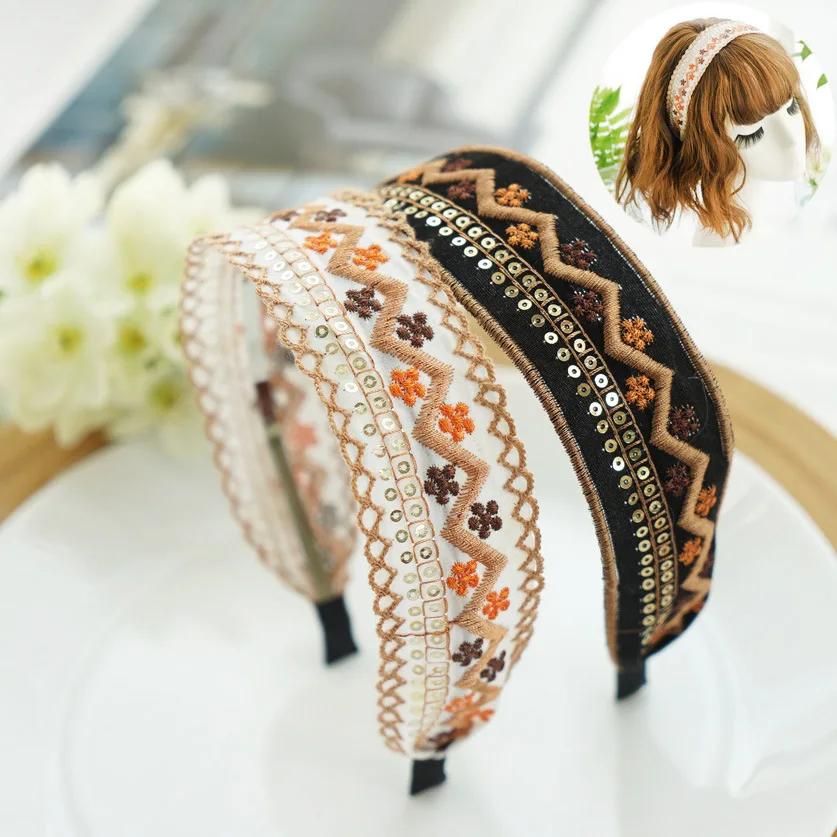 Diademas bordadas de lado ancho de seda brillante para mujer, accesorios para el cabello de lentejuelas para niñas, diademas de corona de flores