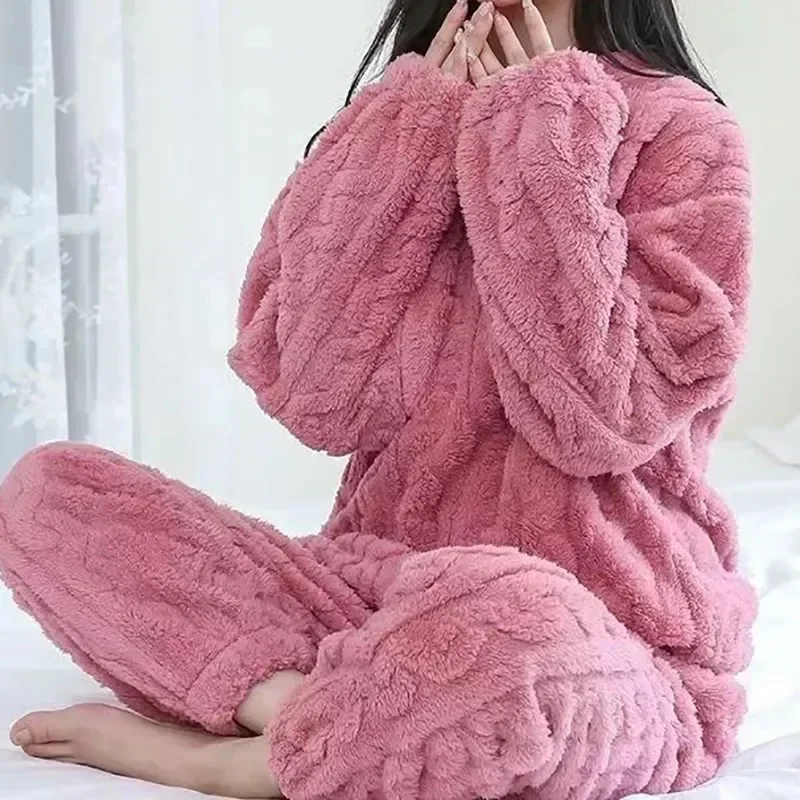 2 Piece Sets Autumn Women Solid Warm Thicken Velvet Ribbed Fleece Set Pullover and Pants Women Casual Pajama Sets