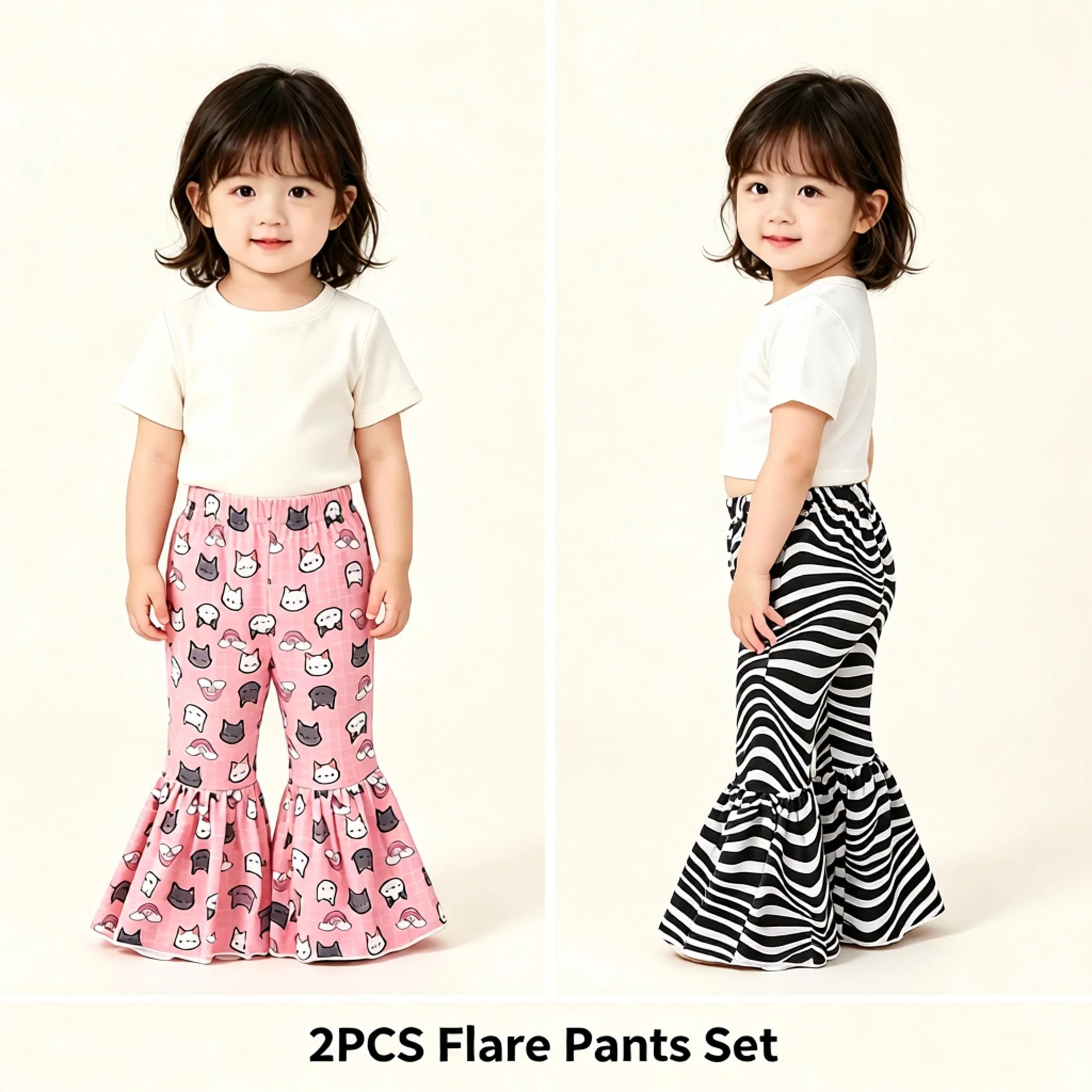 JOPGEEY Two-piece set of spring and autumn baby girl's water ripple cartoon cat pattern full-print flared pants