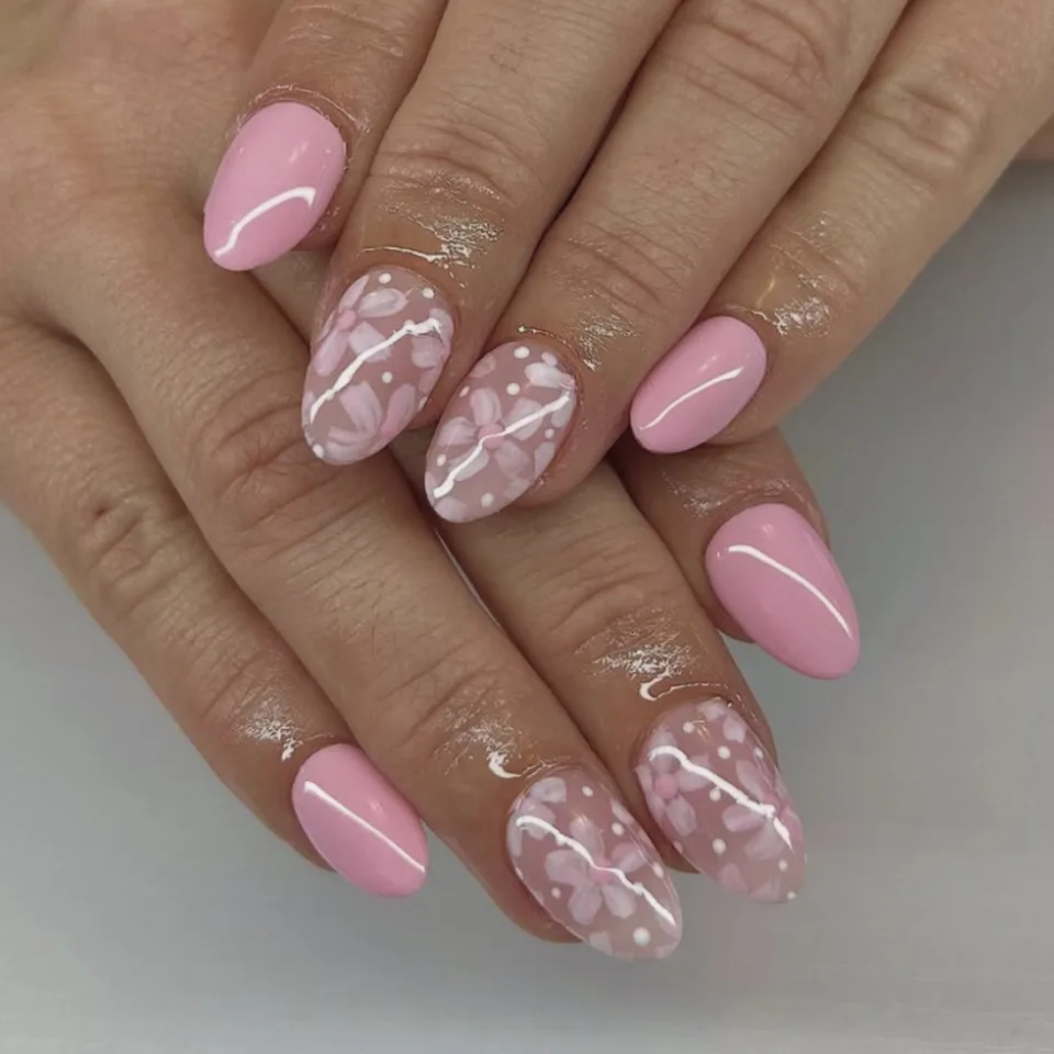 24 Piezas Uñas Postizas Francesas Almendra con Borde Púrpura y Diseño de Flores Simple, Uñas Adhesivas Desmontables Terminadas 4