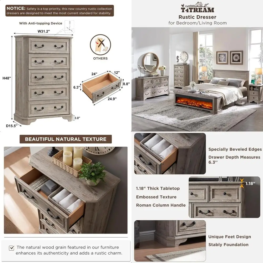 

Деревянный комод в деревенском стиле, 48 дюймов в высоту, с винтажным дизайном и натуральной текстурой, для хранения вещей в спальне или гостиной