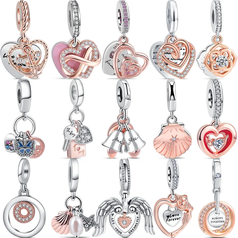 925 Solid Silver Forever Love Infinite Radiant Heart Shiny Rose Gold Two-tone Beads Fit Original Pandora Charms Bracelet Jewelry