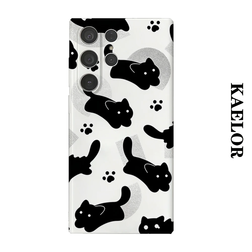 Black Cat Silhouette & Paw Durable Shiny Double-layer Case for Samsung S26 Ultra S25 S24 S23 Plus Anti-drop Resistant Cover