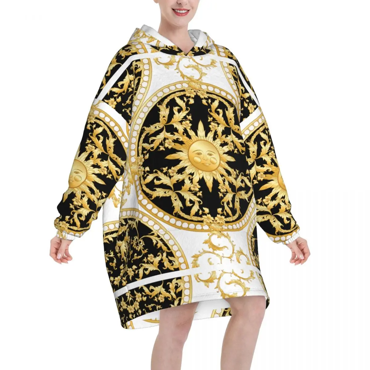 Wearable Blanket Hoodie The Sun Smiling Face Oversized Sweatshirts Blanket Warm Cozy Flannel Fleece Sherpa Blanket with Pockets