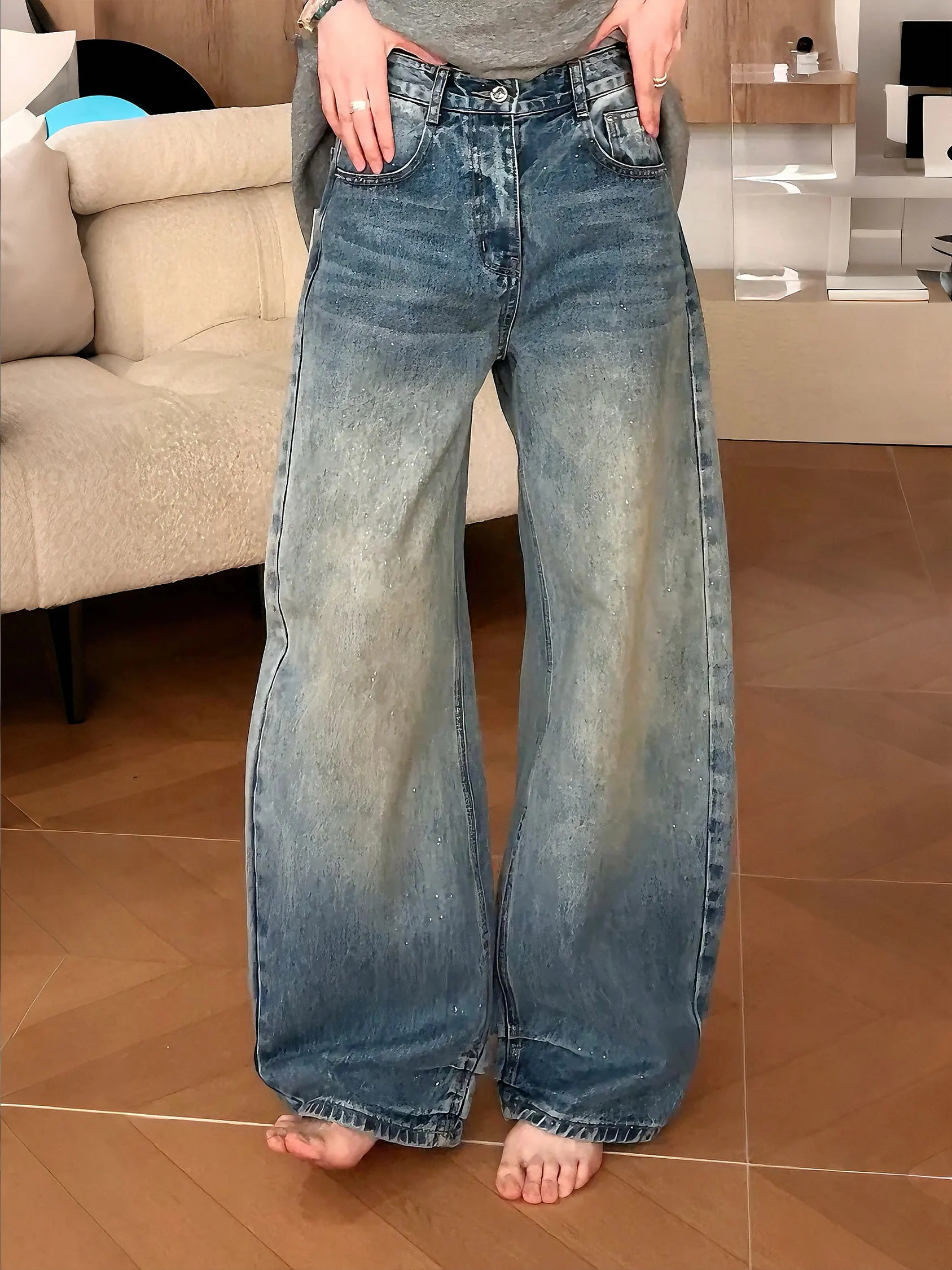 

Comfortable Washed Spring Style Women's Jeans Micro Pleated Versatile Casual Fit Standard Waist No Stretch Natural Waist Zipper