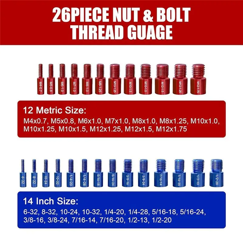 B03C-Thread Checkers Nut & Bolt -26 Bundle Thread Tester Checker Nut And Bolt Checker-14 Pc Inch & 12 Pc Metric Sizes