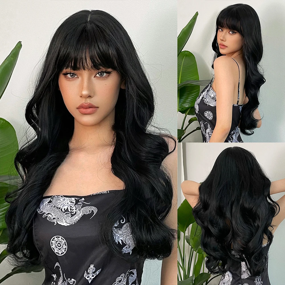 

Black Long Wavy Synthetic Wigs with Bangs for Women Black Water Wave Cosplay Daily Date Natural Fake Hair Wig Heat Resistant