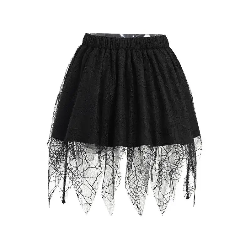 Saia Curta de loween Lastself Spider Girl com Renda e Patchwork Estilo Gótico Personalidade Cintura Alta  Saia em Fibr...