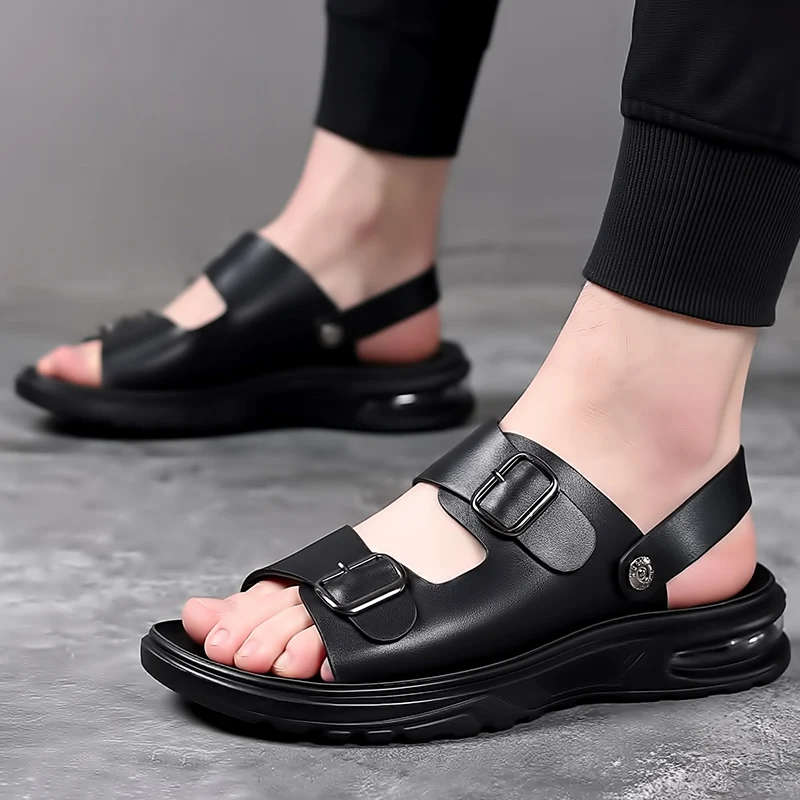 2023 Summer Men\'s Genuine Leather Sandals Fashion Casual Non slip Large Hollow Breathable Sandals Men\'s Beach Shoes Hole Shoes