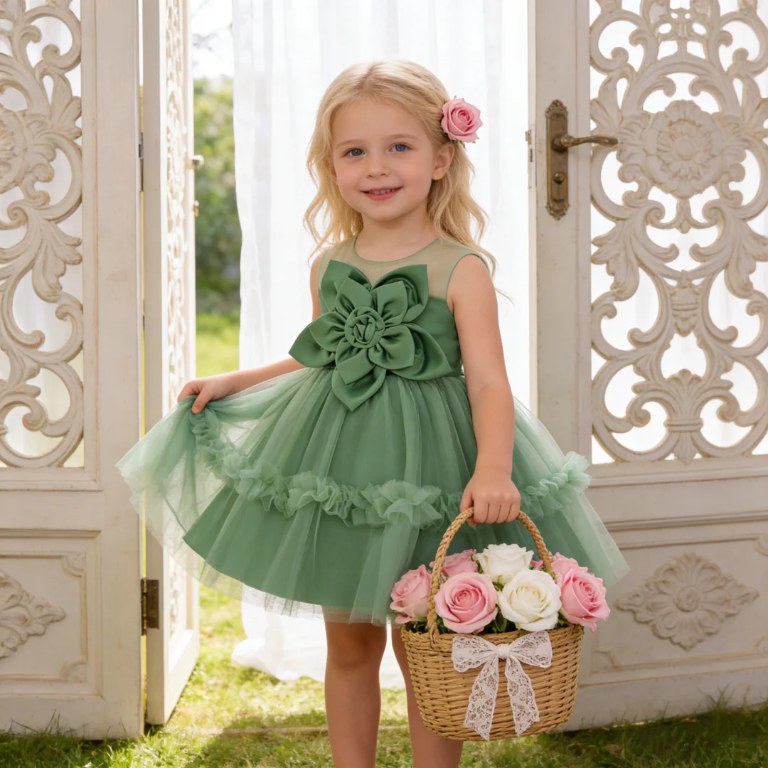 Baby Girls Summer Floral Green Tutu Dresses Kids Big Flower Wedding Party Dress Girl Fancy Birthday Baptism Clothes Princes Gown