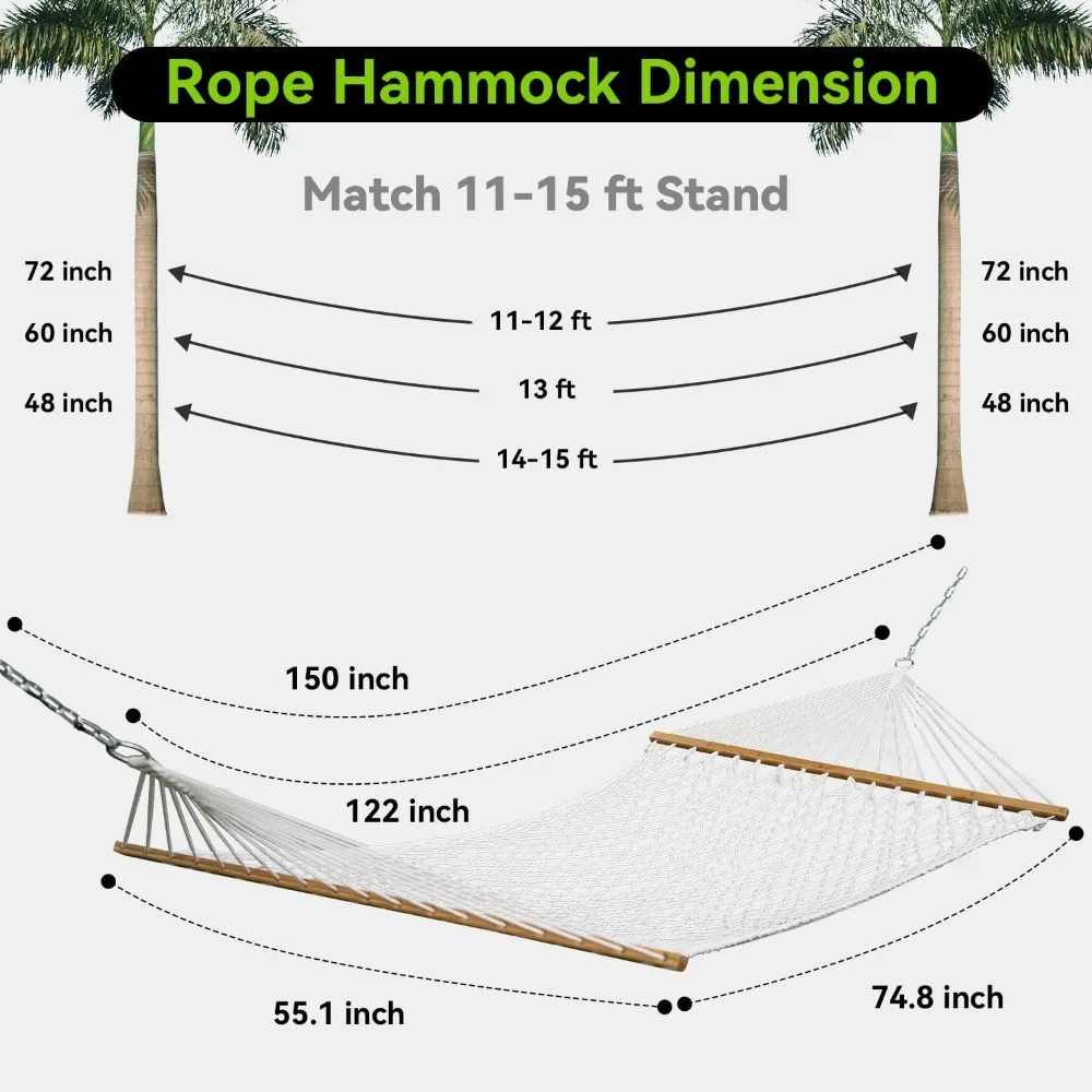 Two-Person Handwoven Rope Hammock with Spreader Bar - Indoor & Outdoor Use for Patio, Backyard (White)