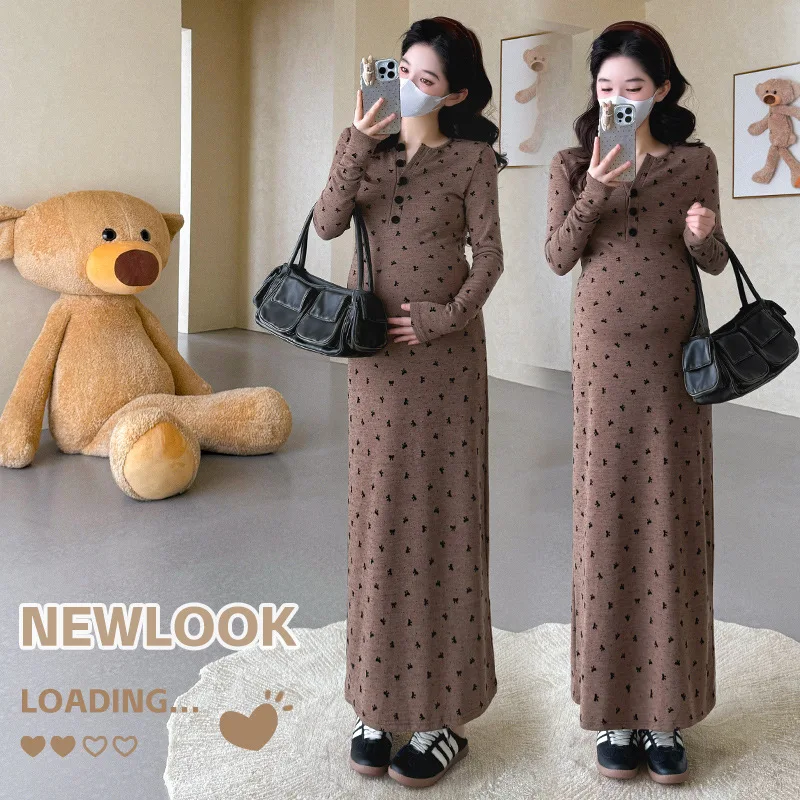 Maternity Dress 2026 Spring Autumn Slim Fit Soft Elastic Simple Casual Comfortable Printed Long Sleeve Dress For Pregnant Women
