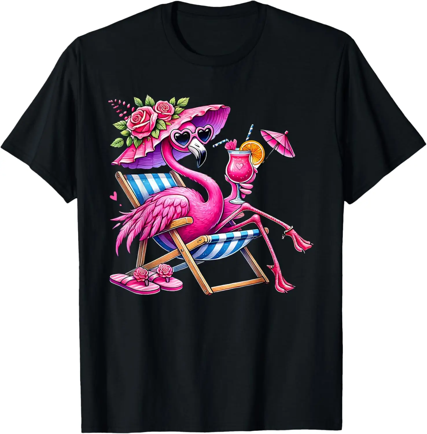 Flamingo Summer Vacation Relaxing Beach Deck Chair Graphic T-Shirt Casual Cotton Crew Neck Tee