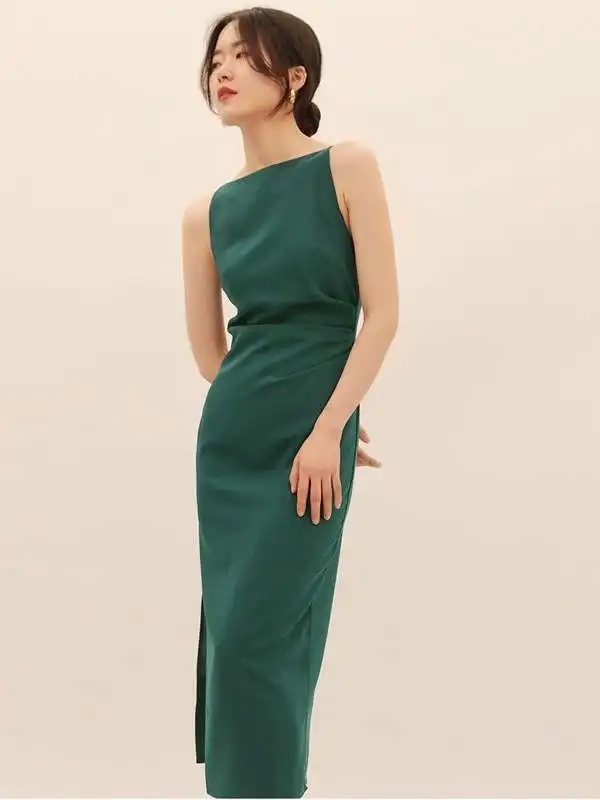 ชุดเดรสทรงเอไลน์ ผ้าโพลีเอสเตอร์ รุ่น Ele Hepburn แบบเปิดไหล่ ผ่าข้าง ความยาวปานกลาง ช่วงเอวจับจีบ ช่วยให้ดูผอมลง ปิดด้วยซิป