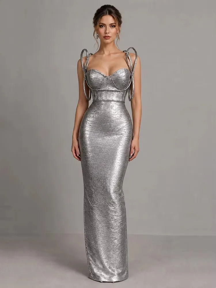 Modphy Women Sleeveless Bodycon Bandage Corset Long Dress Celebrity Elegant Gold Evening Party Luxury Birthday Dress Vestidos