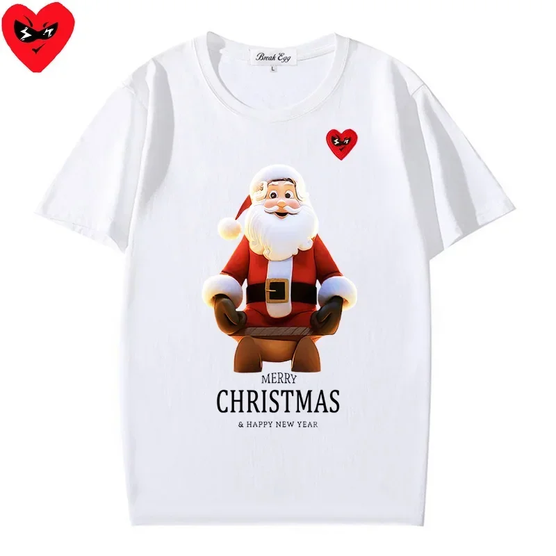 Christmas Santa Claus Printing Men Women T-shirt Cute Red Glasses Heart Embroidery Cotton O-neck Short-sleeved Straight T-shirt