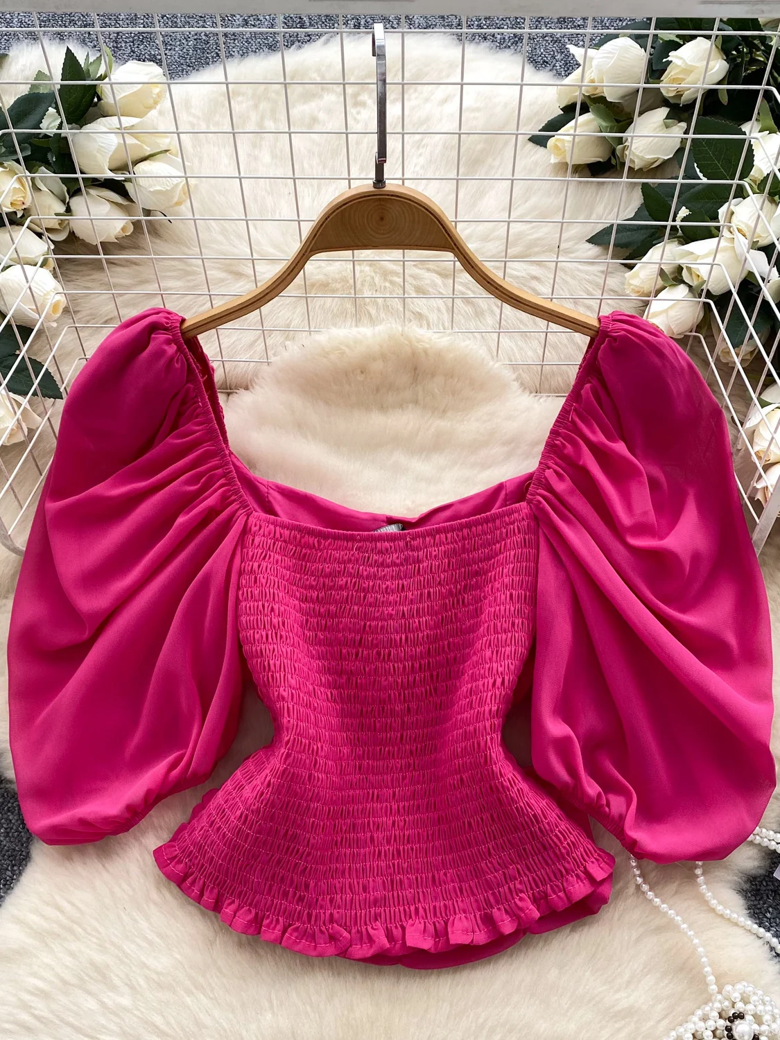 

Pure Desire Women's Summer irt 2025 Sweet Square Collar Bubble Sve Design Sense Pleated Waist Inward Blouse Korean Sle