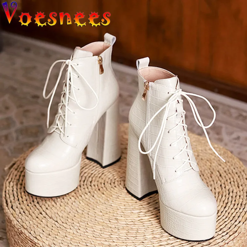 

Genuine Leather Women Short Boots Comfortable Breathable Spring Winter Fashion Zip Shoes White Cowhide Emboss High Heels Pumps