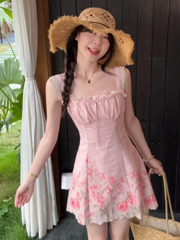 

Korean Style Sweet Lace Splicing Embroidery Print Waist-Cinching Summer Fashionable Versatile Strap Short Dress Women's Clothing