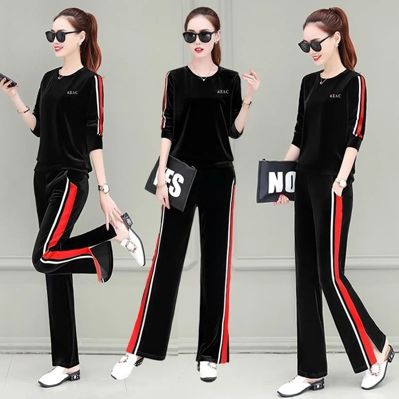 Women\'s Golden Velvet Suit 2023 New Spring And Autumn Fashion Embroidery Long Sleeves Tops Pants 2 Two Piece Set Casual Clothing