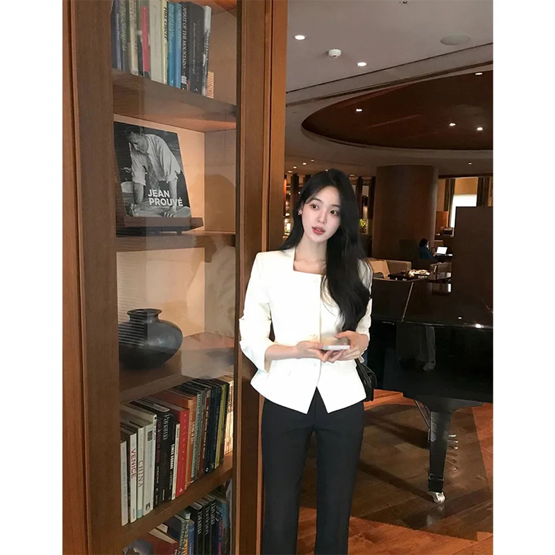 MEXZT Elegante Abgeschnitten Jacke Frauen Fashion Square Kragen Schwarz Mantel Herbst Koreanische Einreiher Lange Ärmel Kurze Outer