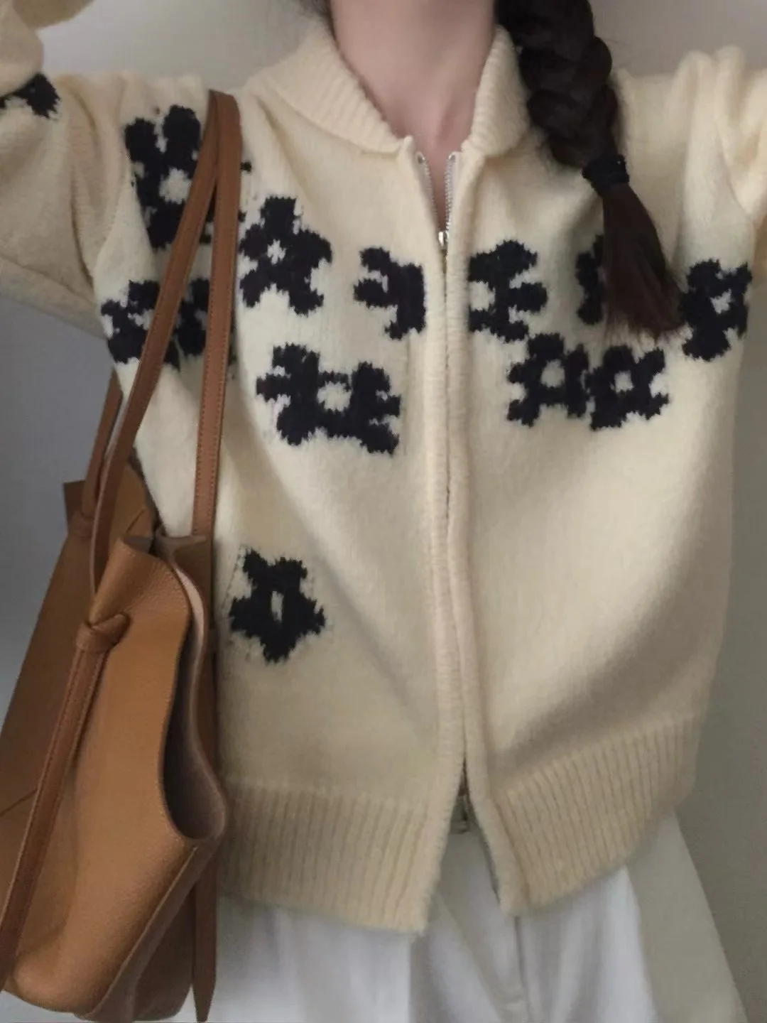 เสื้อคาร์ดิแกนไหมพรมผู้หญิง สไตล์ลำลอง แจ็คเก็ตไหมพรมติดซิป แต่งผ้าแจ็คการ์ด แขนยาว ปกพับได้ ทรงหลวม เหมาะสำหรับใส่ทำงาน ฤดูใบไม้ร่วง 2025