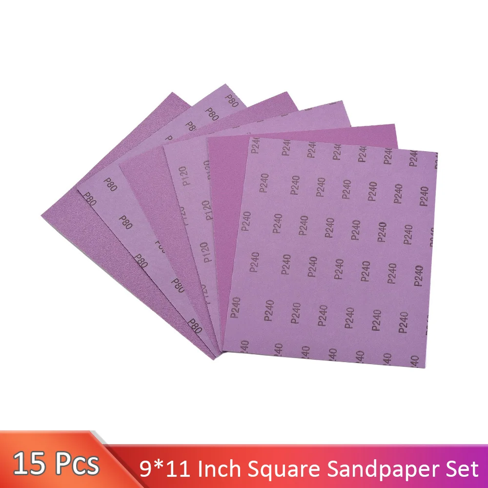 

9X11 Inch Purple Square Sandpaper 15Pcs Wet Dry Sandpaper Sheets Sandpaper Assortment 80/120/240 Grit for Wood Polishing