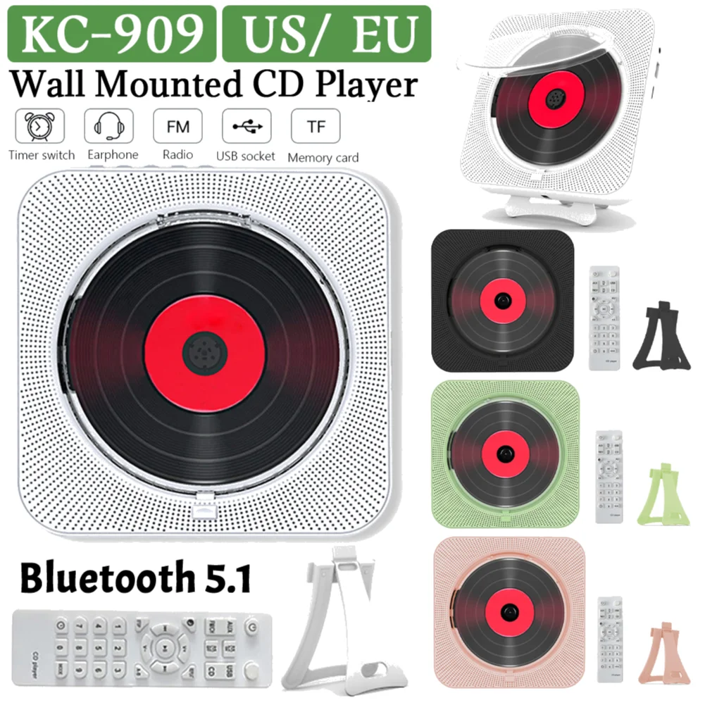 Portable CD Player LED Display Bluetooth 5.1 Music Player with 3.5mm Plug Wall Mounted FM Radio CD Player with Bracket