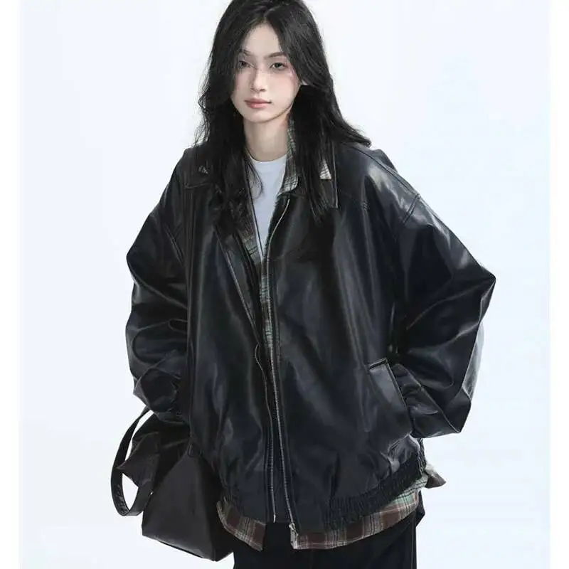 

Retro Ladies Fashion Zipper Faux Jacket Spring Autumn Women Long Sleeves Coat 2026 Female PU Leather Outwear