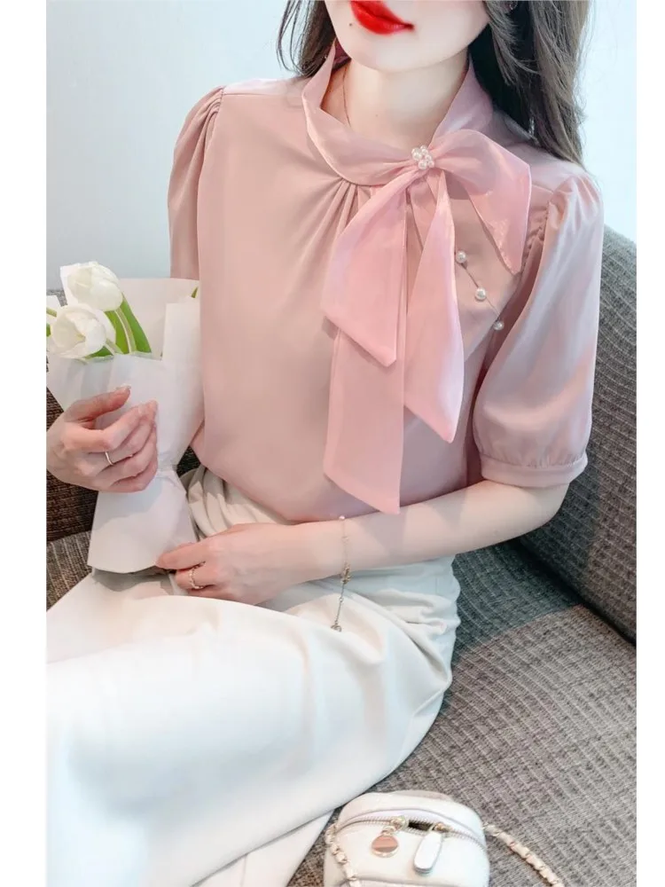 Fashion Bow Collar Apricot Chiffon Blouse Shirt Women Tops Blusas Mujer De Moda Verano Short Sleeve Blouse Women Blusa