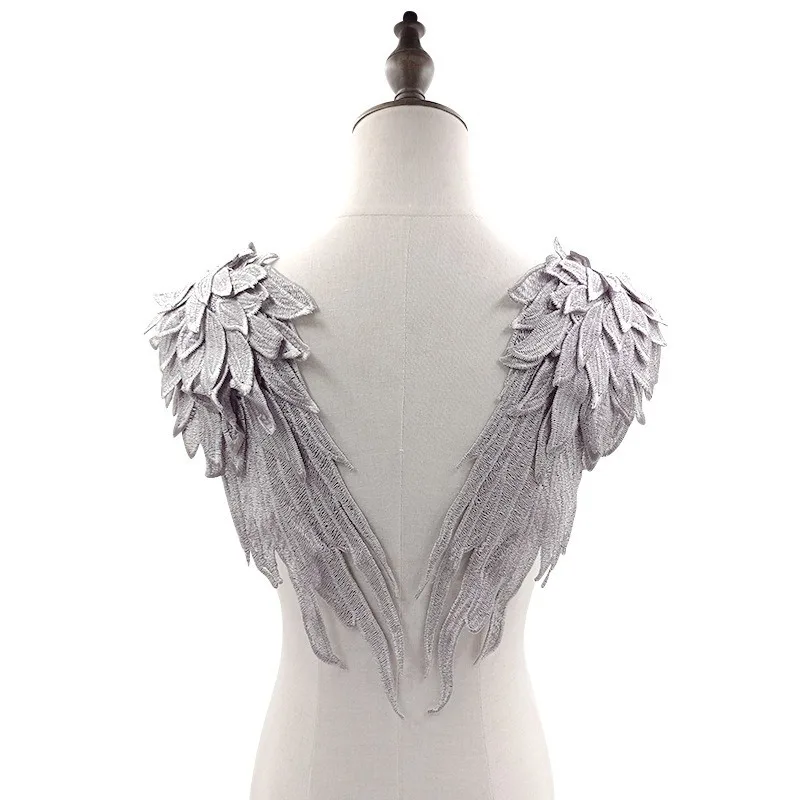 1Pair Gold Brown Embroidery Angel Wing Applique Sewing Flower Collar Patch for Wedding Party Gown Bridal Dress Clothes DIY
