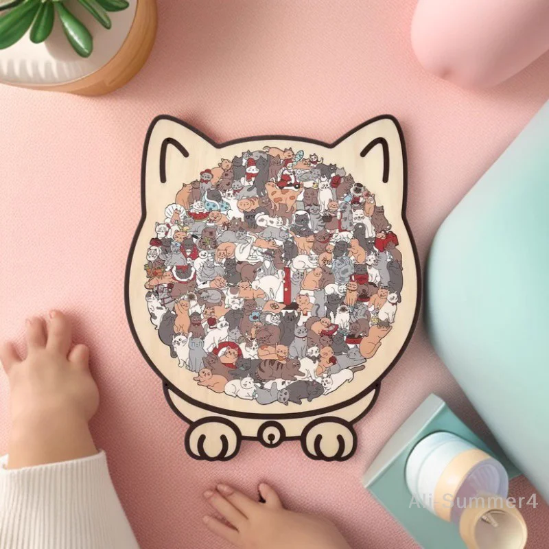 135 قطعة من ألغاز موراندي الملونة على شكل قطة خشبية غير منتظمة على شكل قطط قطع على شكل حيوانات لديكور المنزل وألعاب الحفلات هدايا #3