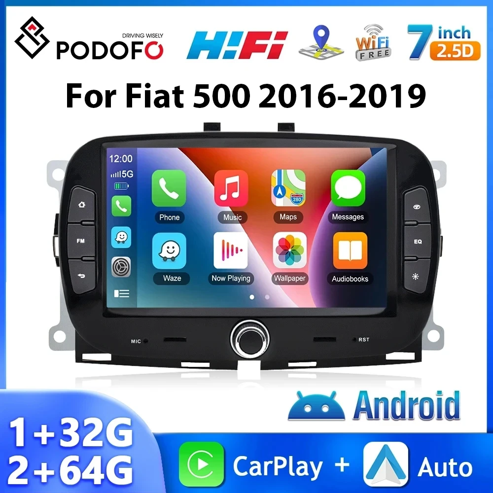 Podofo 7\'\' Andriod Car Radio For Fiat 500 2016-2019 2Din Multimedia Video Player 2+64G Carplay Android Auto WIFI BT Car Stereo