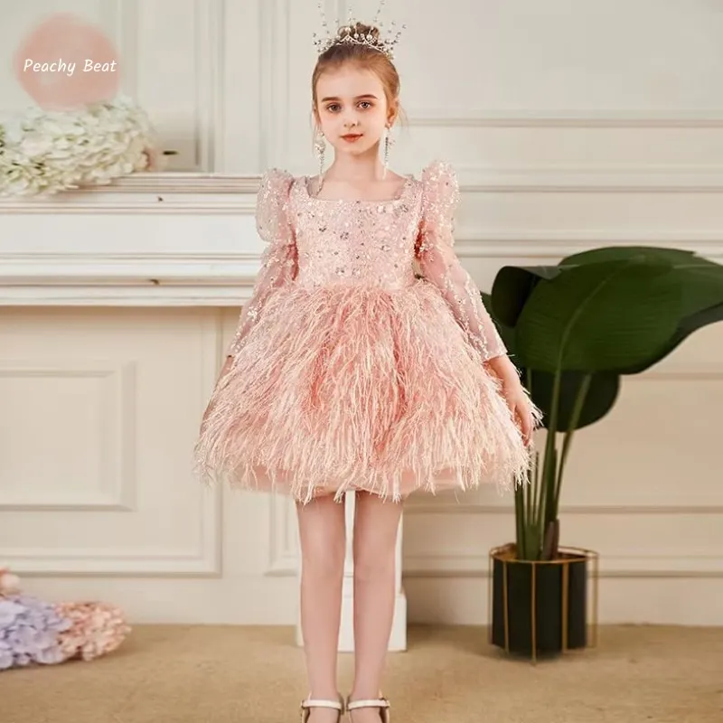 Sukienka dla dziewczynki, księżniczka, cekiny, pióra, bufiaste rękawki, niemowlę, maluch, dziecko, vestido, na przyjęcie, urodziny, ubrania dla niemowląt, 1-14 lat