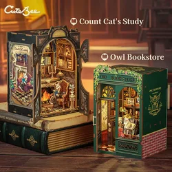 CUTEBEE DIY Book Nook Kit Miniaturowy domek dla lalek z lekką drewnianą półką na książki Retro Booknook Decor na prezenty Seria Bookshop