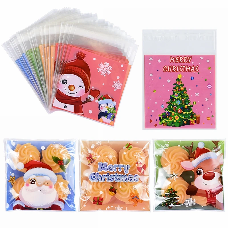 100pcs Christmas Cookie Candy Bags Santa Claus Snowman Biscuit Snack Plastic Packaging Bags New Year Navidad Xmas Party Supplies