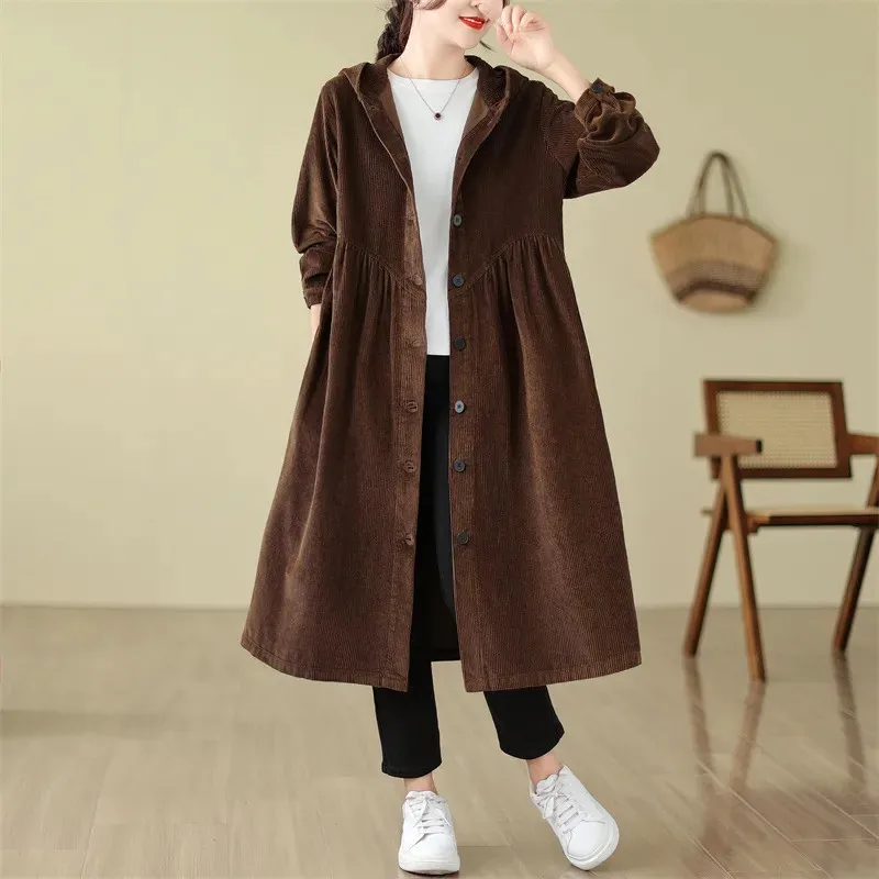 Fashion Women's Trench Coat 2024 New Spring Autumn  Windbreaker Outerwear Sagging Sensation Corduroy Hooded Casual Length Coat