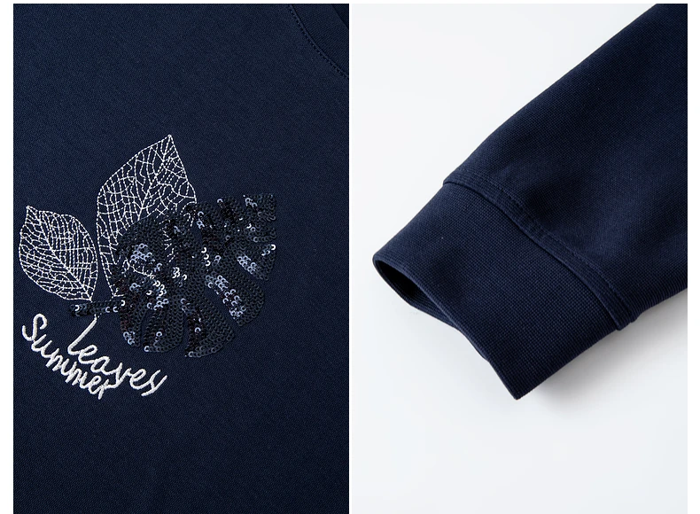 VIMLY Navy Blue Women's Sweatshirts 2025 Autumn Embroider Sequined Round Neck Sweatshirt Long Sleeve Knitted Ladies Tops A2156