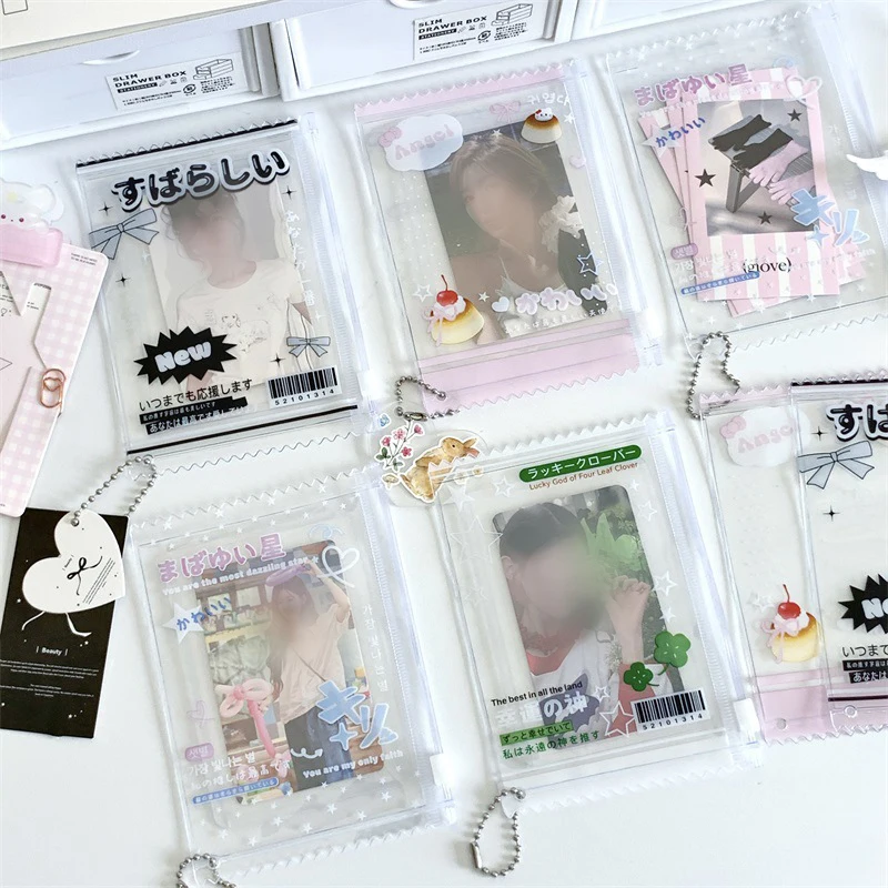 Soporte de almacenamiento de tarjetas con estampado de dibujos animados de 3 pulgadas, bolsa de muñeca transparente con cadena, bolsas pequeñas para tarjetas, soporte para tarjetas de estilo coreano, colgante