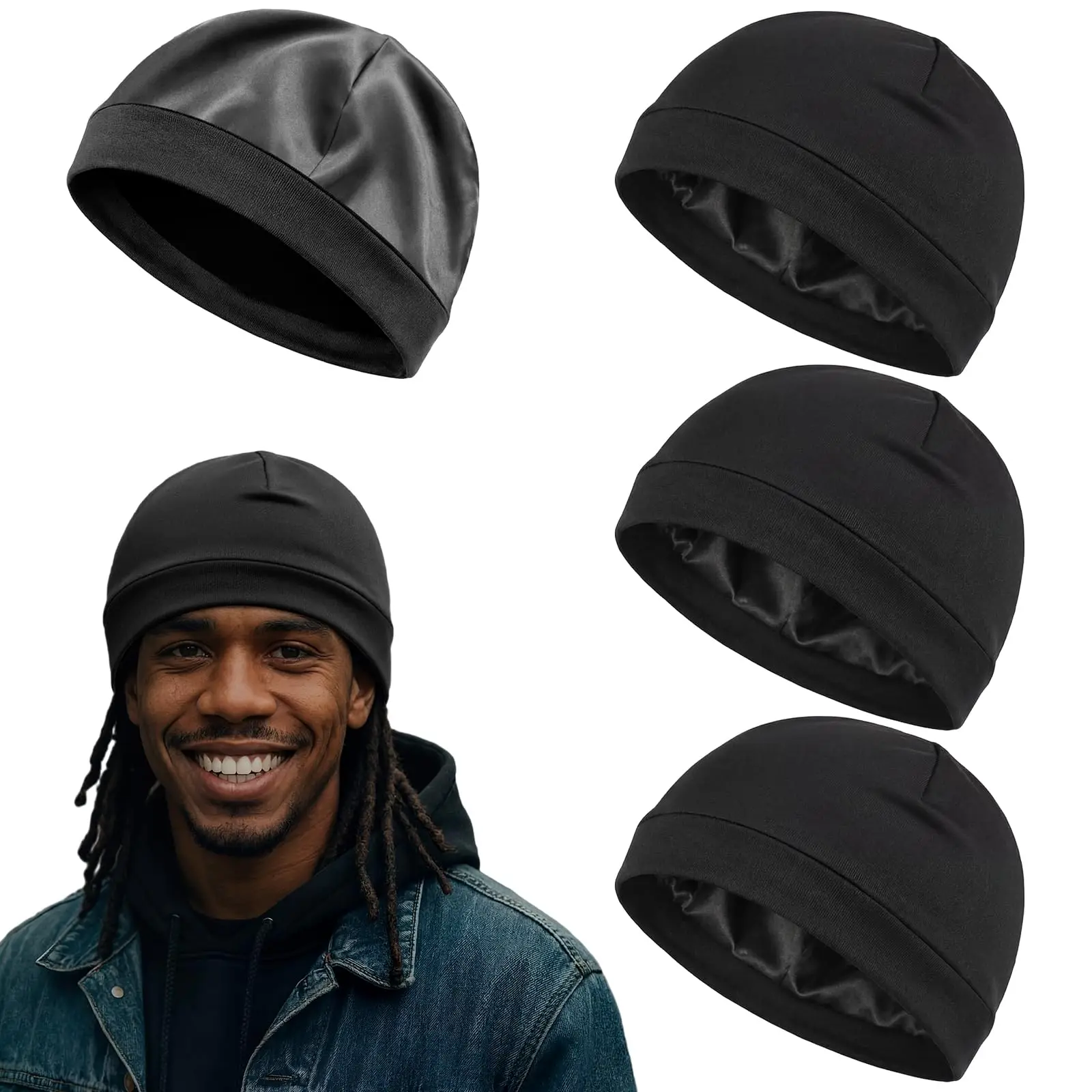 4Pcs Satin-Lined Skull Cap Satin Interior Lined Beanie Cap Wearable Night Sleep Hat for Men Women Hair Protection